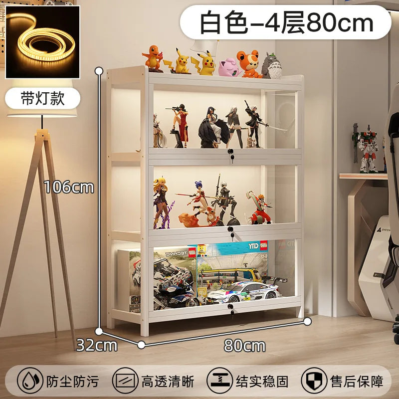 Display Cabinet Acrylic Curio Cabinet with Lock Glass Display Cabinet Natural Bamboo  Glass Cabinet Easy to Install，With Lights