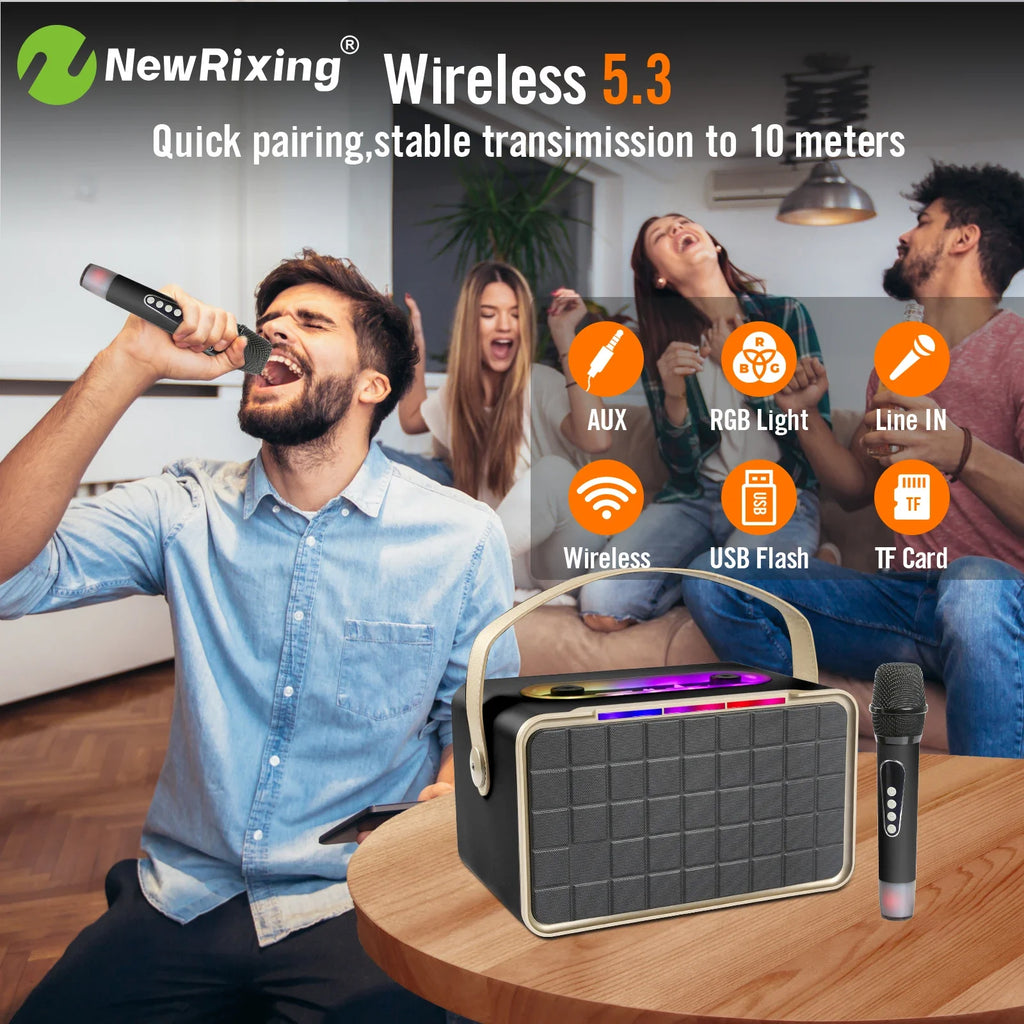 NewRixing Portable Wireless Speaker with 2 Microphones, Karaoke Machine,40W