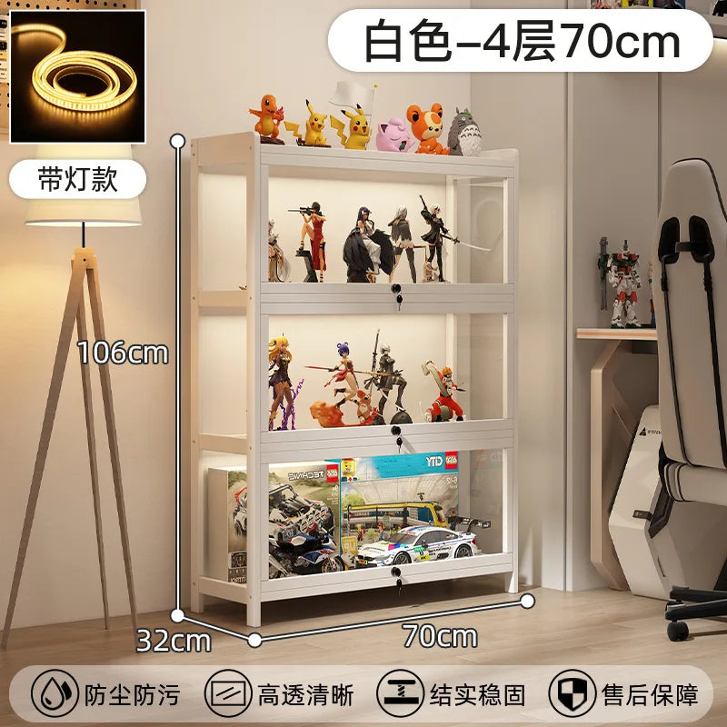 Display Cabinet Acrylic Curio Cabinet with Lock Glass Display Cabinet Natural Bamboo  Glass Cabinet Easy to Install，With Lights