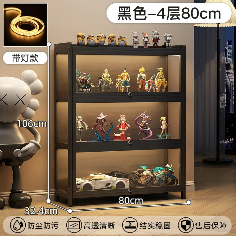 Display Cabinet Acrylic Curio Cabinet with Lock Glass Display Cabinet Natural Bamboo  Glass Cabinet Easy to Install，With Lights