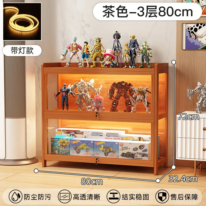 Display Cabinet Acrylic Curio Cabinet with Lock Glass Display Cabinet Natural Bamboo  Glass Cabinet Easy to Install，With Lights