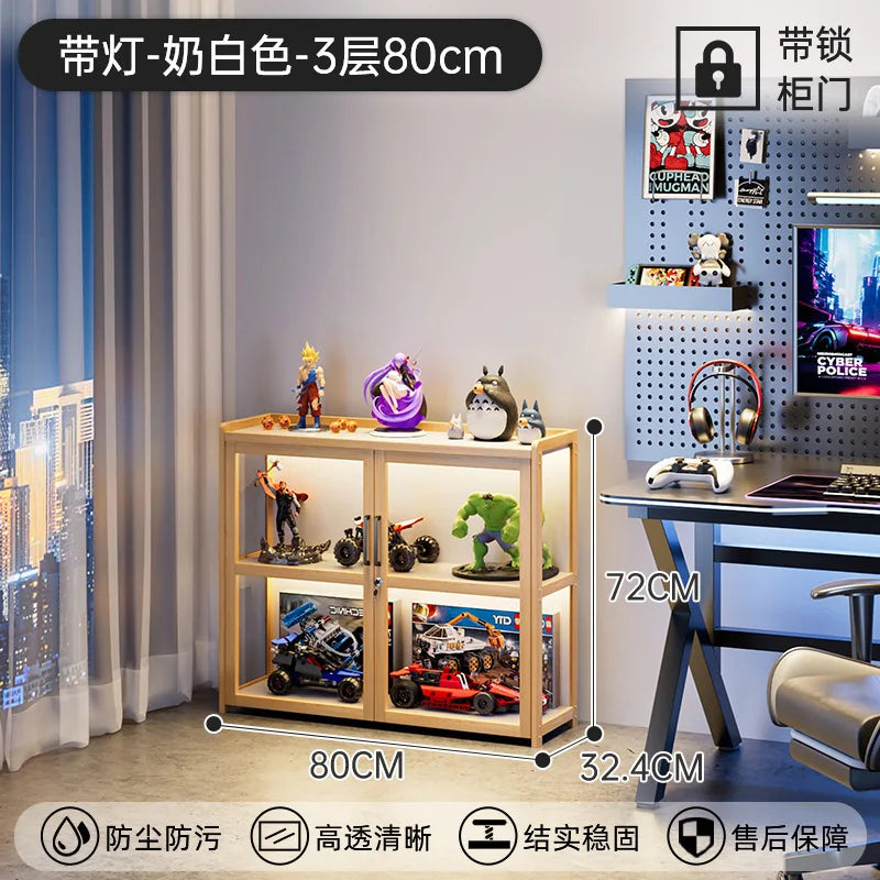 Display Cabinet Acrylic Curio Cabinet with Lock Glass Display Cabinet Natural Bamboo  Glass Cabinet Easy to Install，With Lights