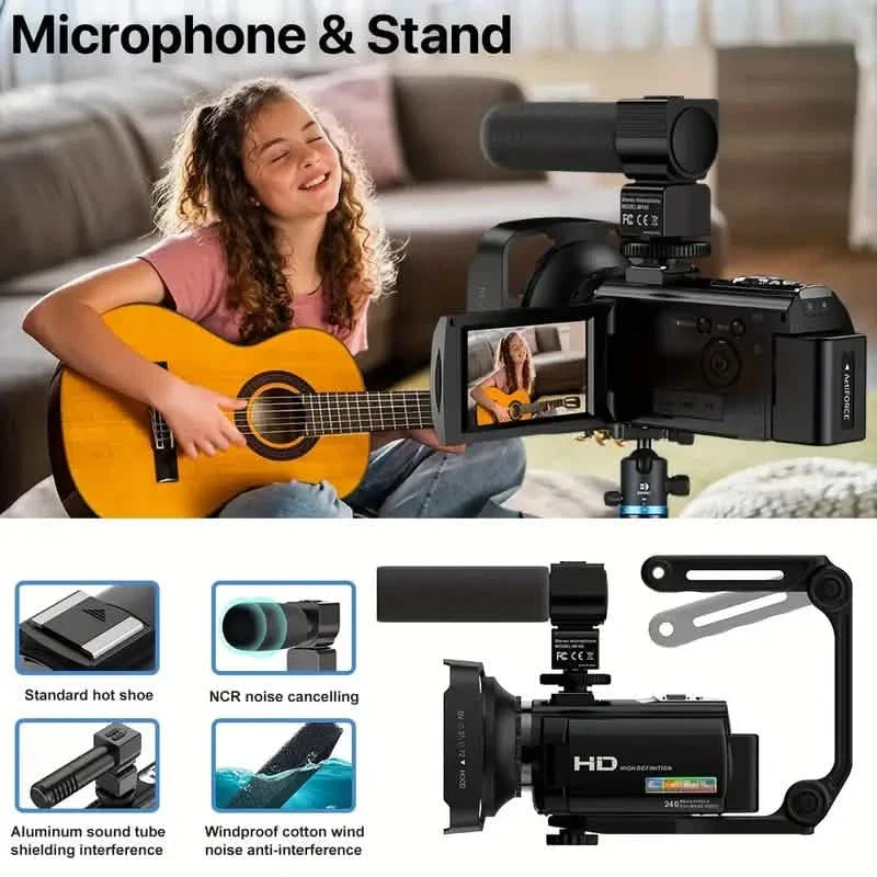 16x Zoom 1080P HD Digital Camera Bundle with 2 Batteries, 32G TF Card, Mic, Hood & Bag