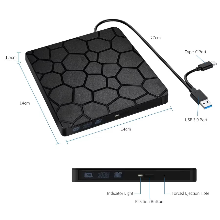 External DVD RW Drive USB 3.0 Type C 2 in 1 Interface Slim DVD CD Writer Burner Reader Player Optical Drive for Laptop PC