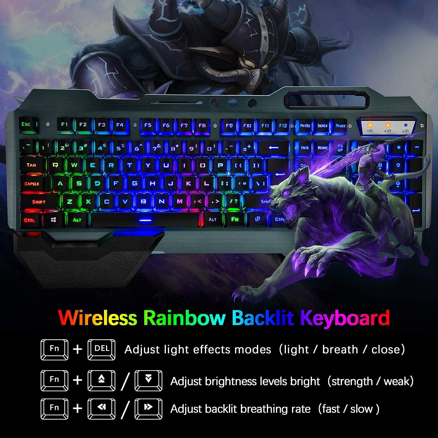 Wireless Gaming Keyboard and Mouse Set with Rainbow Backlighting, Rechargeable 3800mAh Battery, Metal Panel, Removable Hand Rest, Mechanical Feel, and 7-Color Silent Mouse for PC Gamers