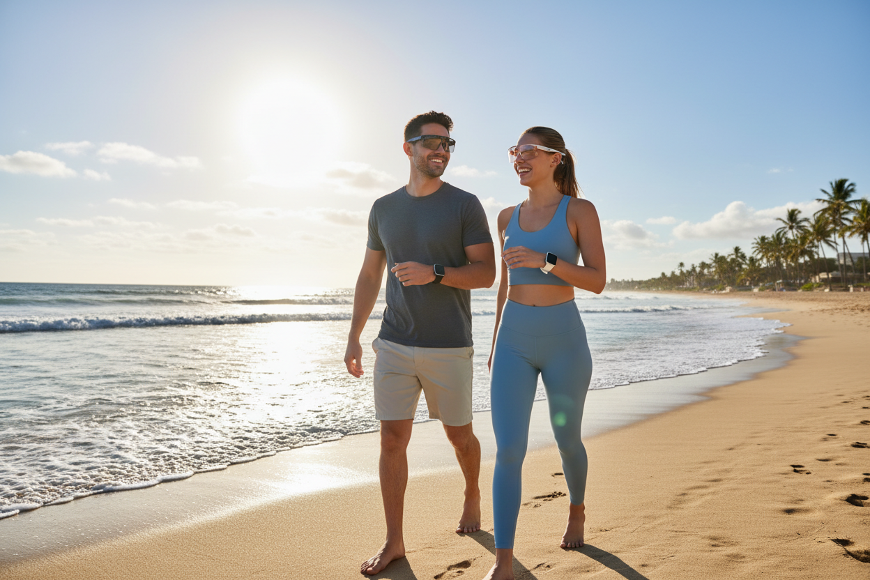 Man and woman walking on beach with smart watch and glasses
